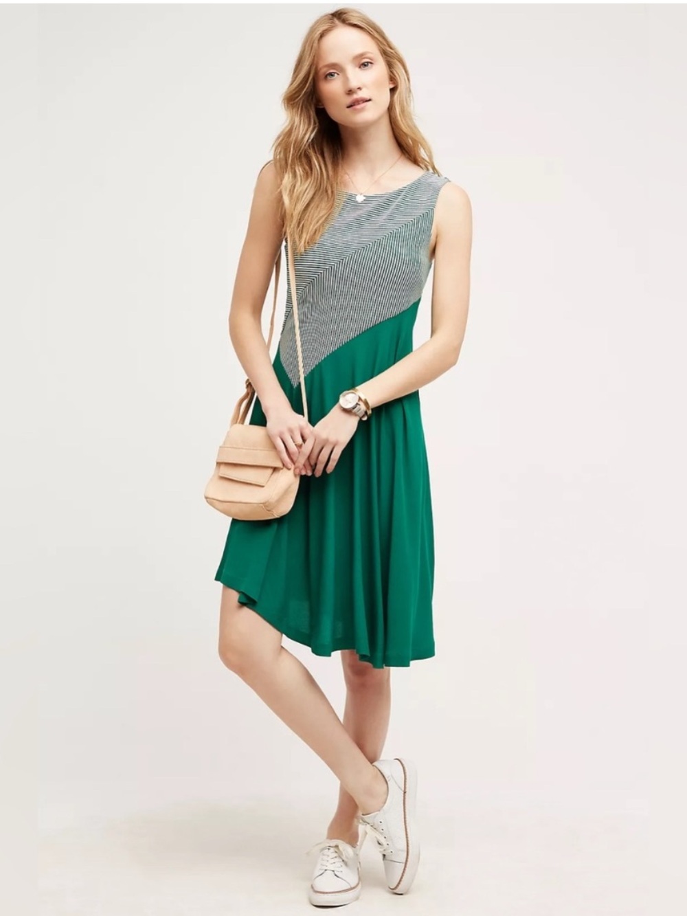 Anthropologie Maeve Cameron Swing Dress Green Striped Asymmetrical Small